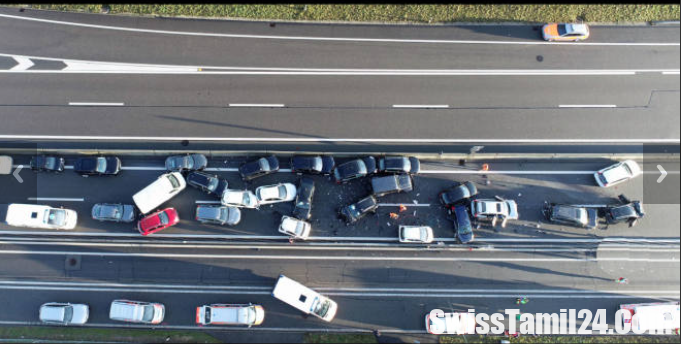 சுவிஸ் லுசேர்ன் A2 நெடுஞ்சாலையில் கோர விபத்து : 24 கார்கள் சேதம் (அதிர்ச்சி வீடியோ)