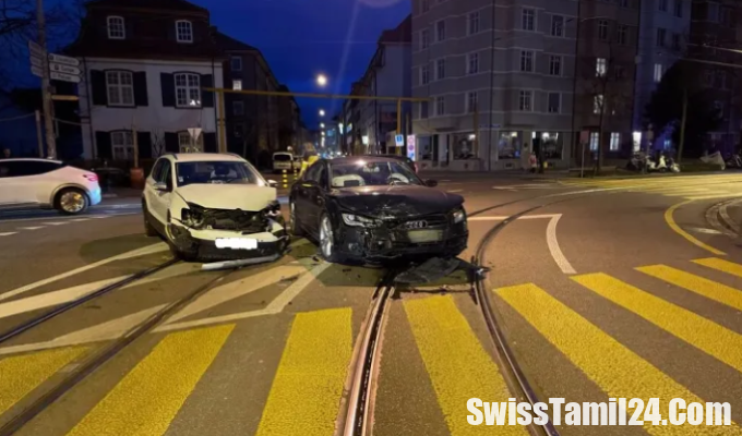 பாசல் நகரில், இரு கார்கள், விபத்து, போக்குவரத்து பாதிப்பு, Basel, Riehenstrasse, Hammerstrasse