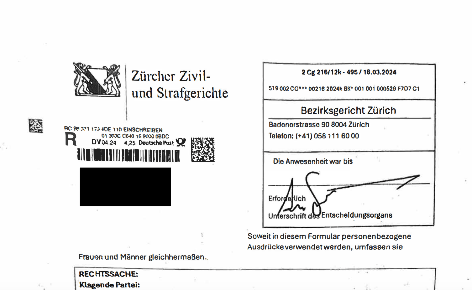 போலி சம்மன்களுக்கு எதிராக சூரிச் மாவட்ட நீதிமன்றம் எச்சரிக்கை