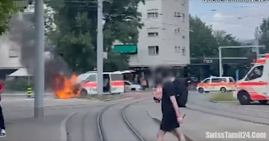 சூரிச்சில் தீப்பற்றி எரிந்த போலீசாரின் வாகனம்