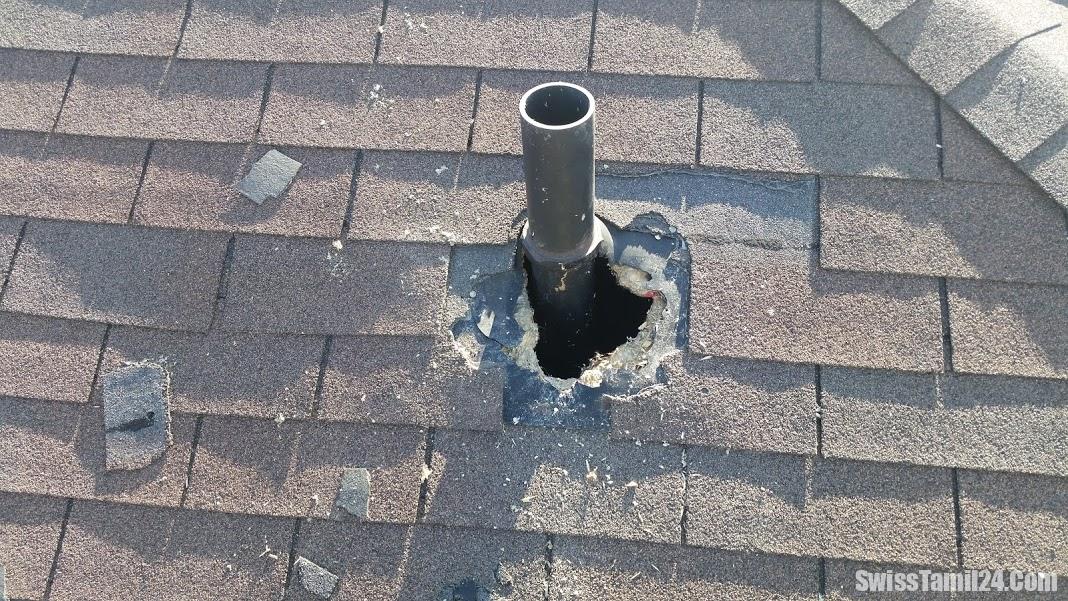 Roof damage to plumbing matt caused by raccoon gaining access to the attic