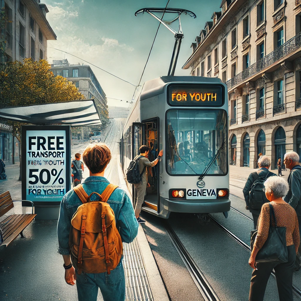 DALL·E 2024 12 22 15.56.11 A young person with a backpack entering a Geneva tram showing a public transport sign that reads Free for Youth in the background. The scene captur