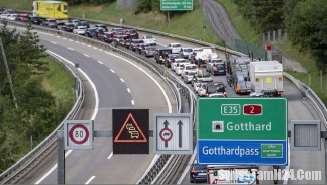 Ten kilometers of traffic jam in front of the Gotthard north portal