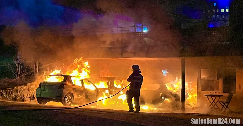 லுசேர்ன்னில் பாரிய தீ விபத்து : 9 கார்கள் எரிந்து நாசம், ஒருவர் படுகாயம்