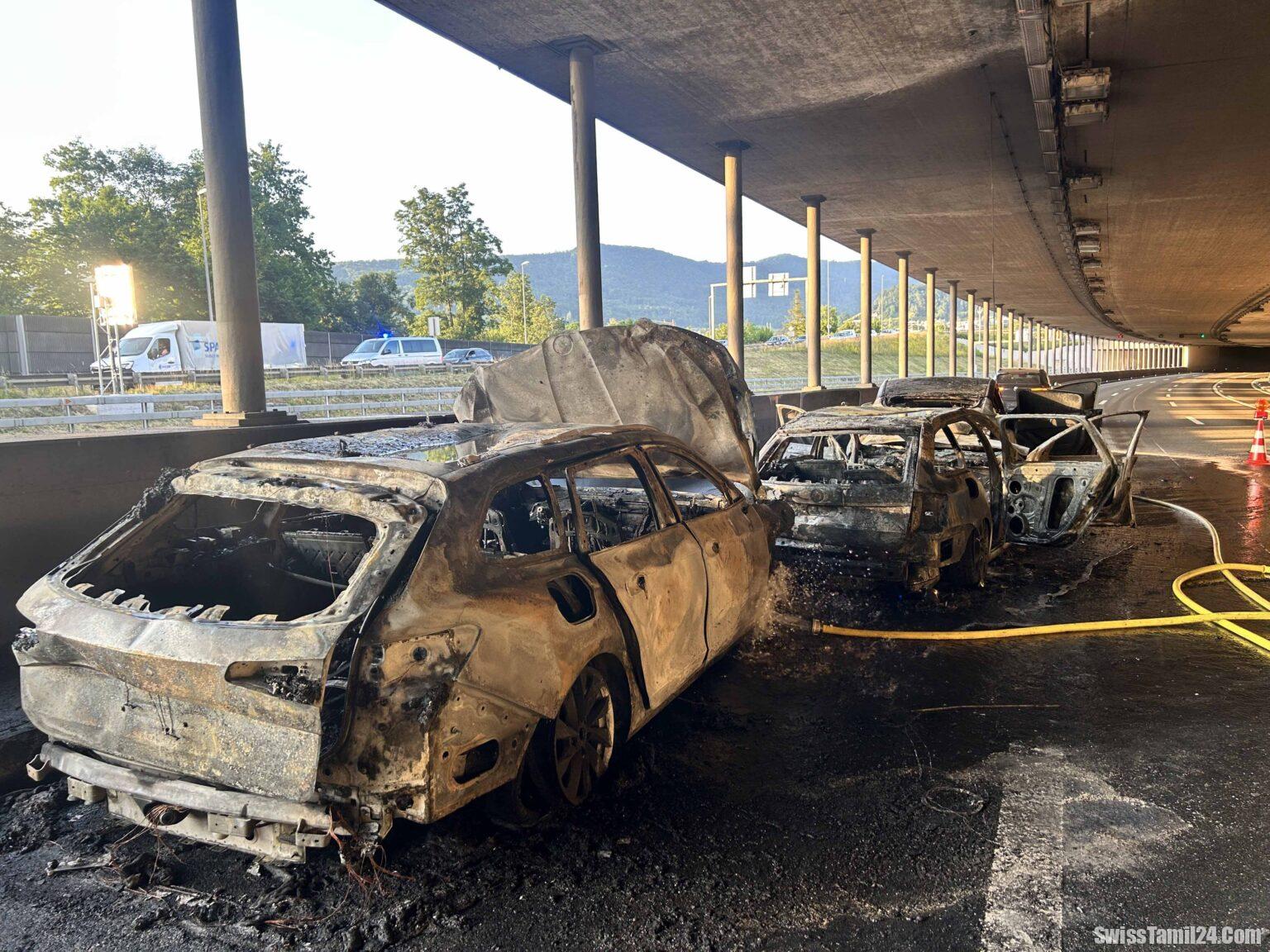 ஆர்காவ் நெடுஞ்சாலை A1 சுரங்கத்தில் பயங்கர விபத்து : பற்றியெரிந்த கார்கள்