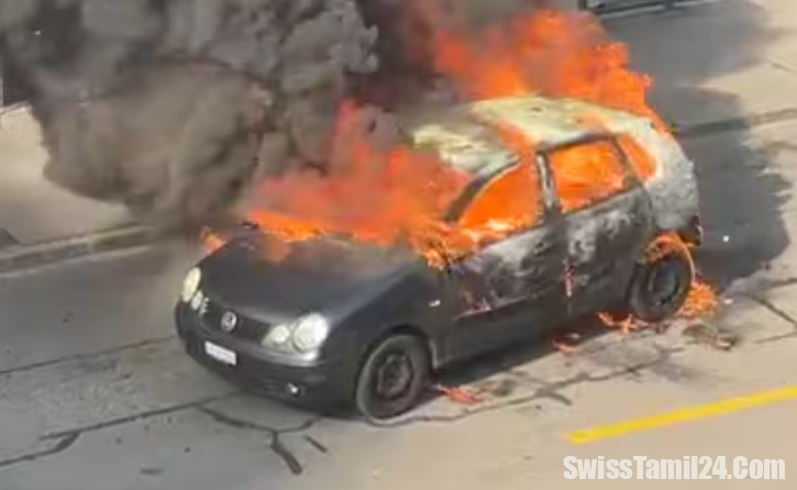 மோட்டார் சைக்கிளில் வந்த இருவரால் சூரிச்சில் தீ வைக்கப்பட்ட கார்