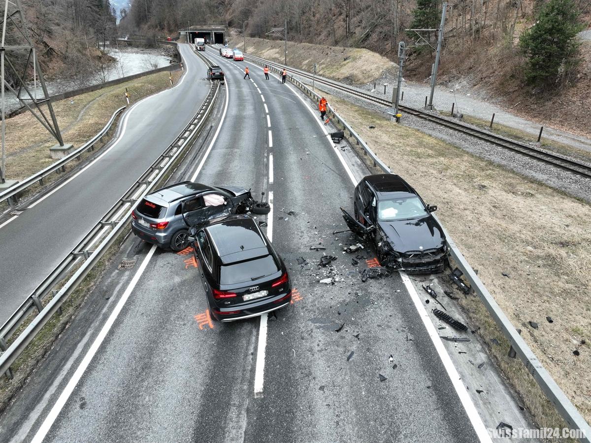 கிரௌவுண்டன் கன்டோனில் N28 சாலையில் தொடர் விபத்து – 4 பேர் லேசாக காயம்